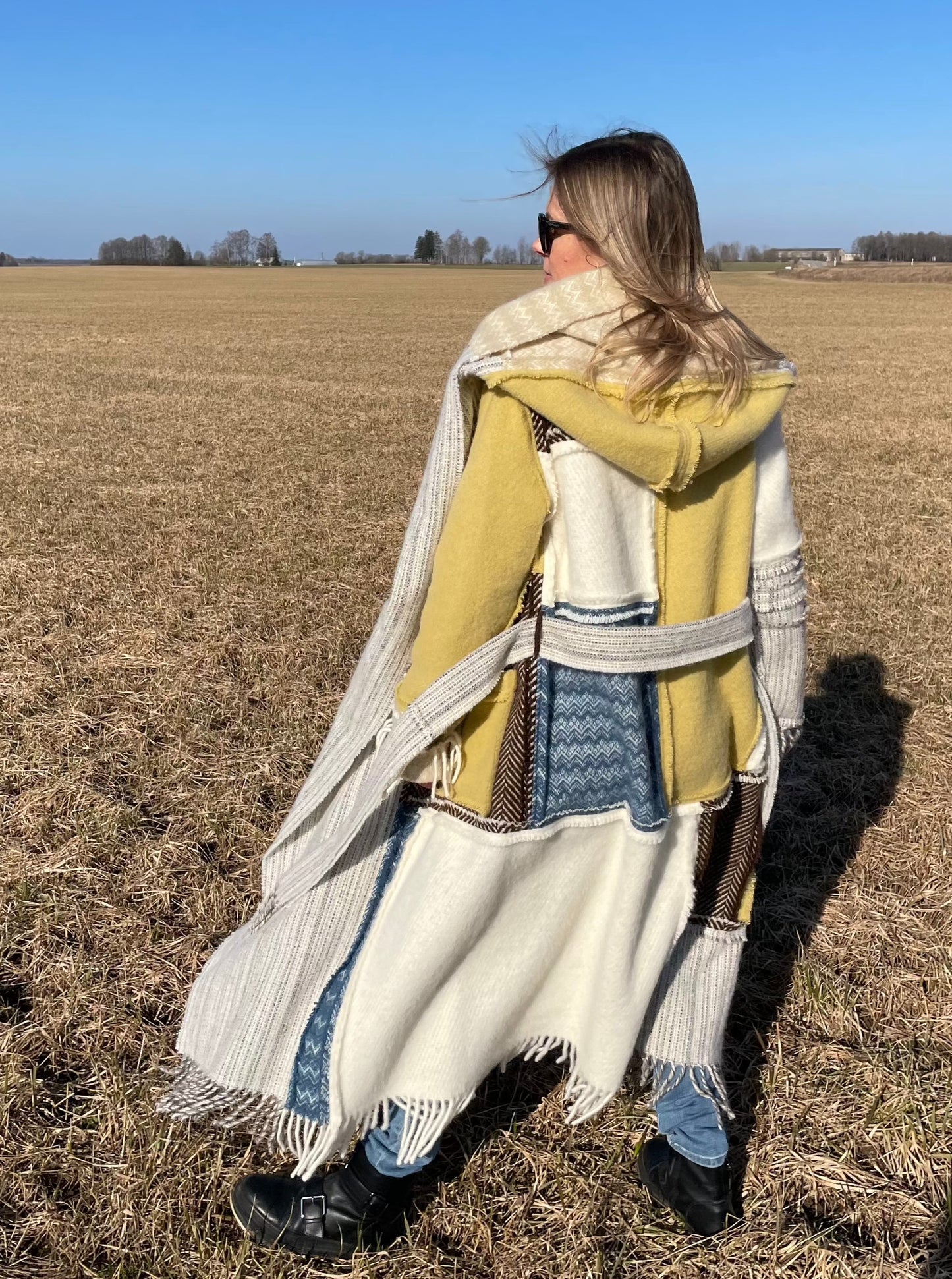 LIEPA Wool maxi coat (Size XS/S) in light colours with pop of yellow and blue