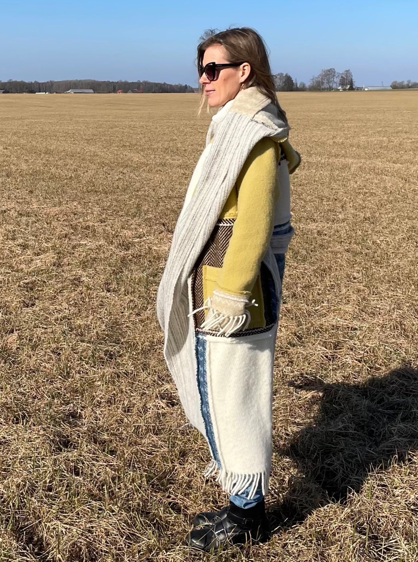 LIEPA Wool maxi coat (Size XS/S) in light colours with pop of yellow and blue