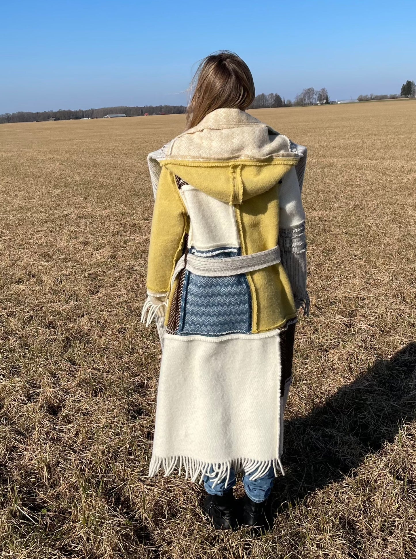 LIEPA Wool maxi coat (Size XS/S) in light colours with pop of yellow and blue