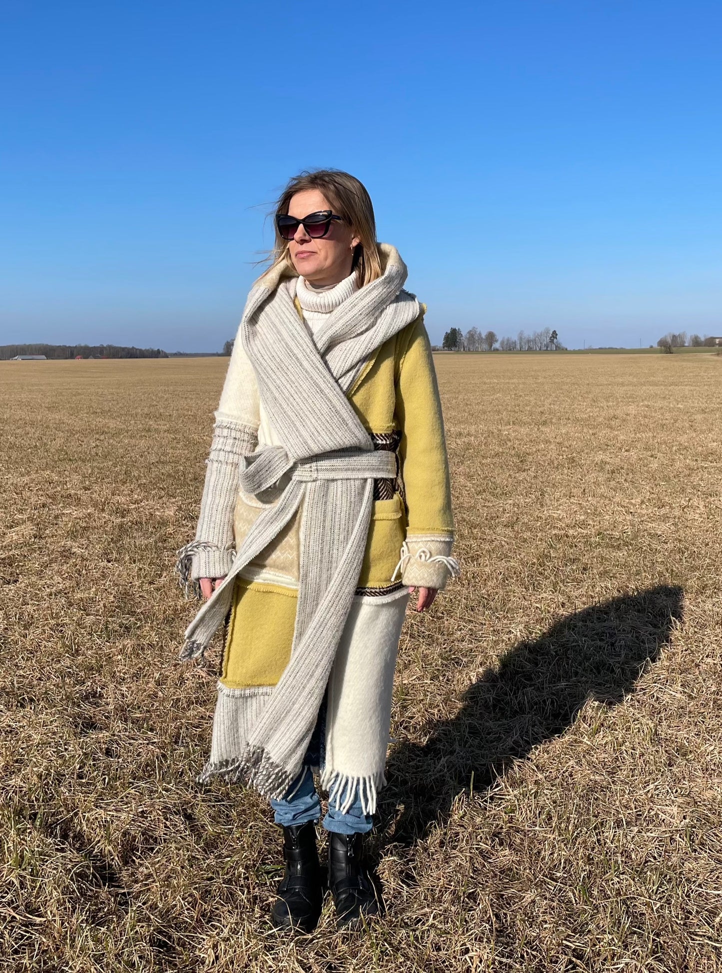 LIEPA Wool maxi coat (Size XS/S) in light colours with pop of yellow and blue