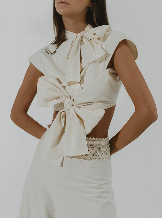 ALMOND Show-stopper open-back top with bows