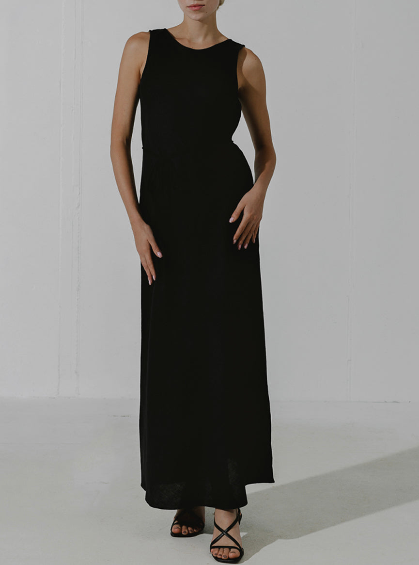 BLACK OPAL Sleeveless minimalist black linen maxi dress