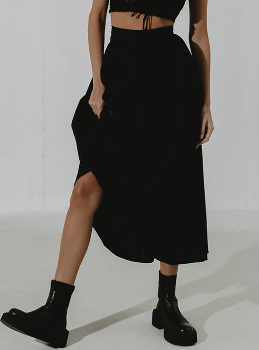 GALENA Black linen wrap around midi skirt with an detachable pouch-bag