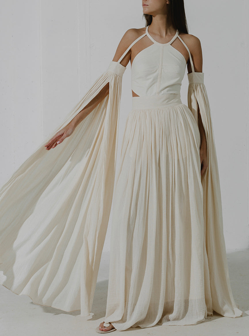 TAHINI Floor-sweeping maxi dress with long cape-sleeves