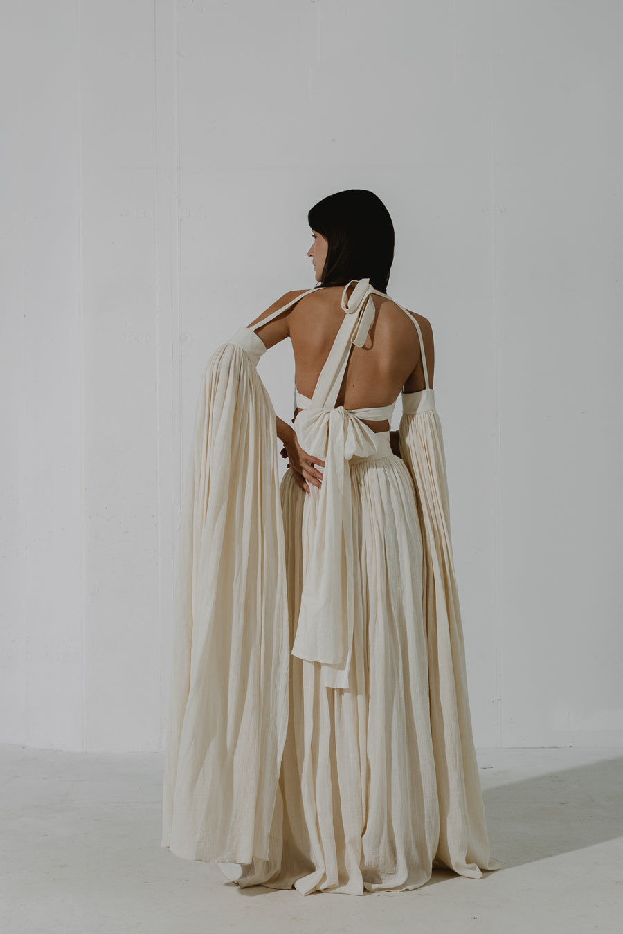 TAHINI Floor-sweeping maxi dress with long cape-sleeves