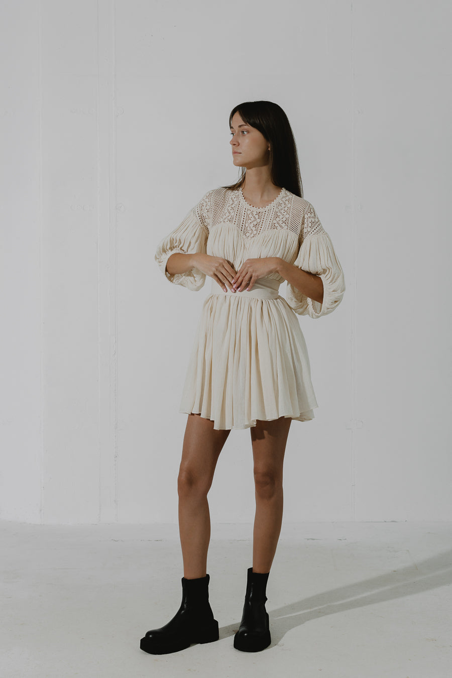 RICE Smock mini dress with lace-layered top