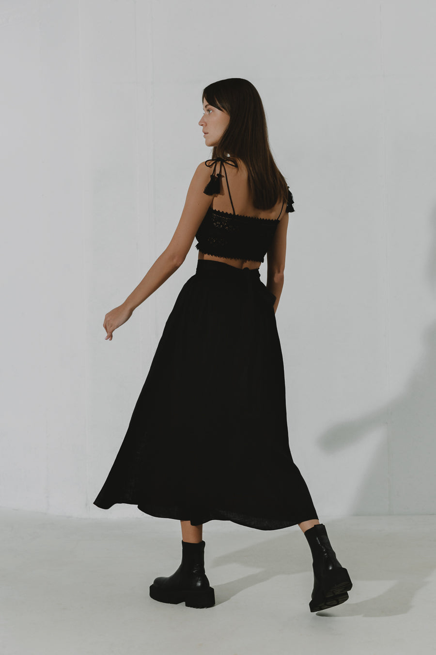 GALENA Black linen wrap around midi skirt with an detachable pouch-bag